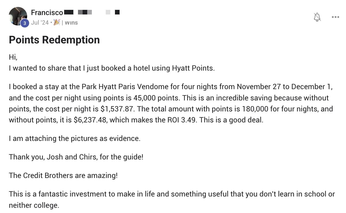 Community post: four nights at the Park Hyatt Paris Vendôme booked for 180,000 points