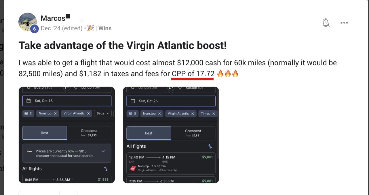 Community post: a Boston to London flight booked for 60,000 miles