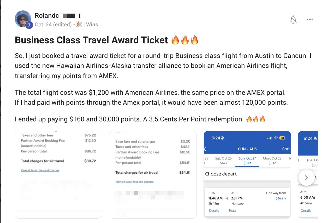 Community post: a round-trip business class flight booked for 30,000 points where the bank portal wanted 120,000
