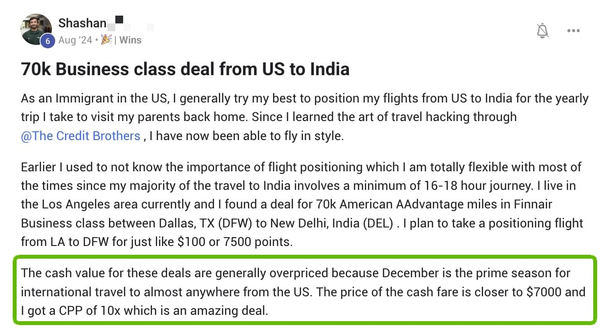 Community post: a business class seat from Dallas to New Delhi booked for 70,000 miles